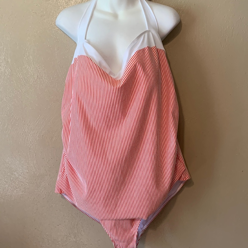 Basic Edition size 26W red white striped swimsuit halter tie back